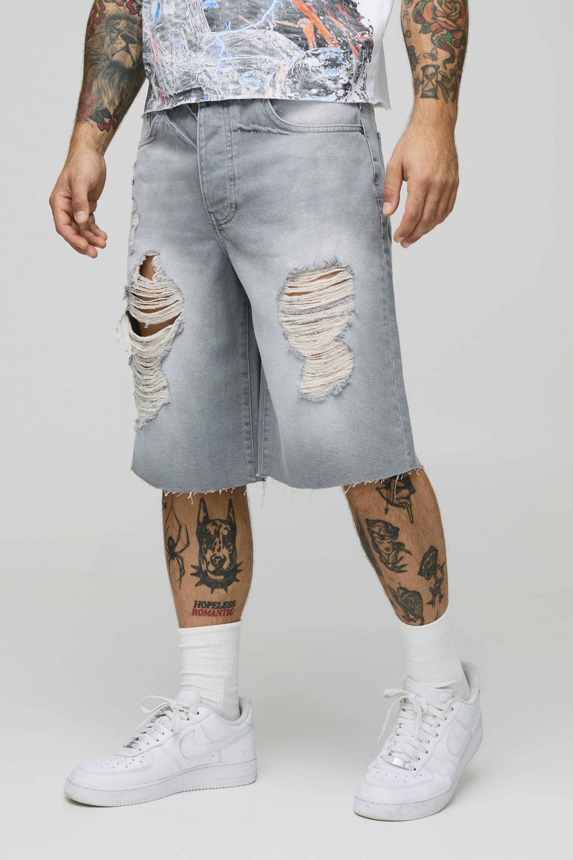 Mens Regular Fit Light Grey Washed Ripped Jorts, Grey